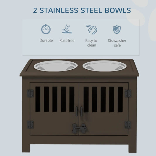 KFX-9933373 Elevated Dog Food Storage Cabinet with Stainless Steel Bowls, Espresso Finish