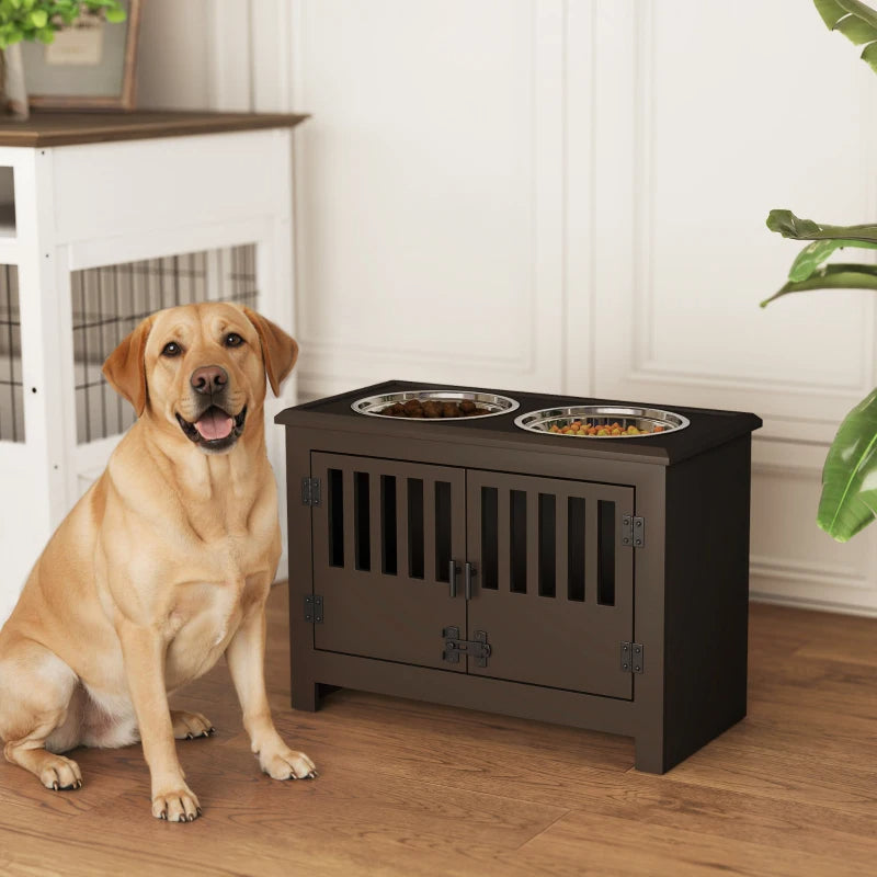 KFX-9933373 Elevated Dog Food Storage Cabinet with Stainless Steel Bowls, Espresso Finish