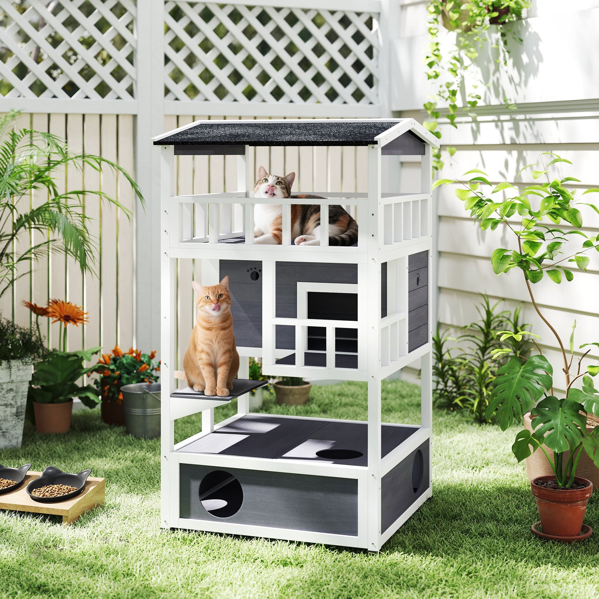 KFX-9945277 Outdoor Cat House with 3-Tier Design and Removable Cat Litter Box Space