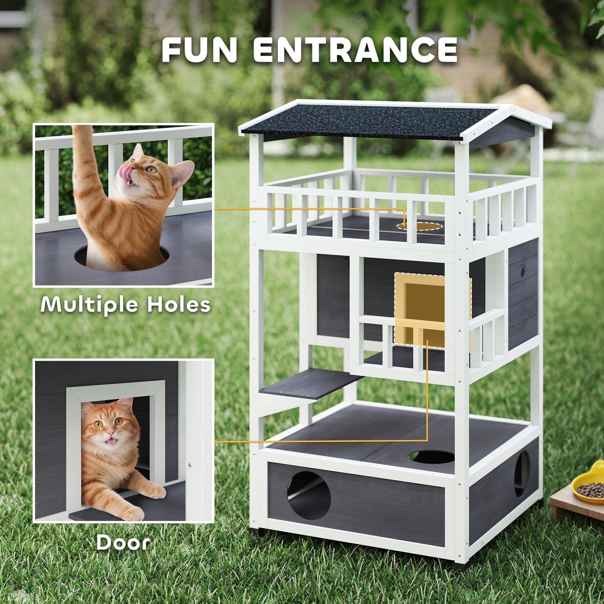 KFX-9945277 Outdoor Cat House with 3-Tier Design and Removable Cat Litter Box Space