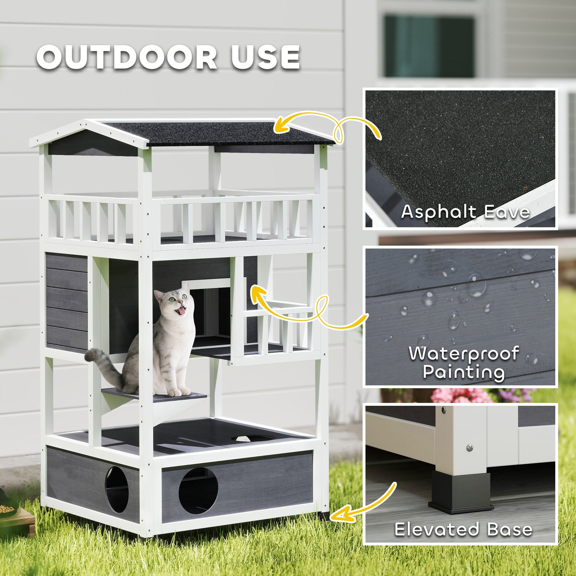 KFX-9945277 Outdoor Cat House with 3-Tier Design and Removable Cat Litter Box Space