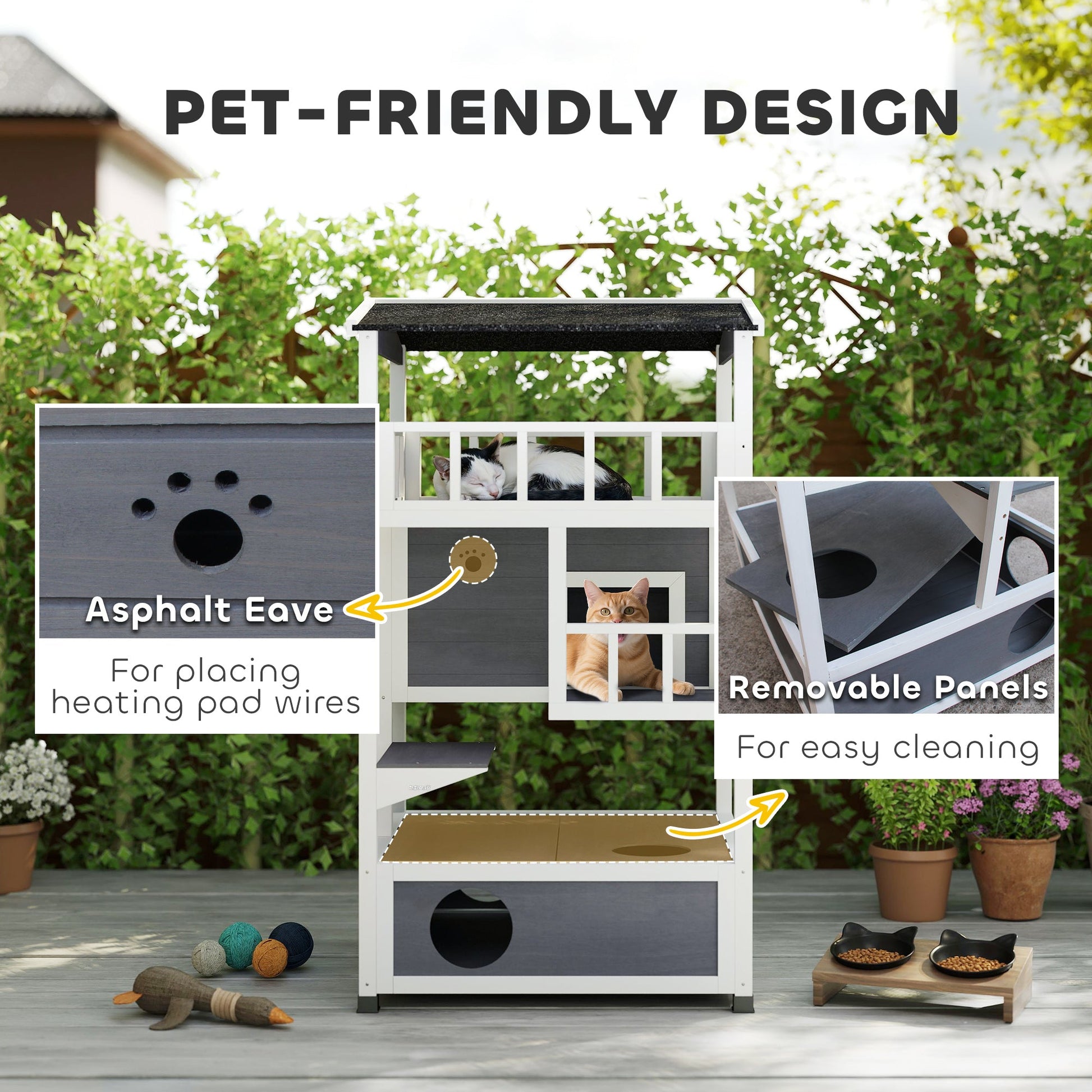 KFX-9945277 Outdoor Cat House with 3-Tier Design and Removable Cat Litter Box Space