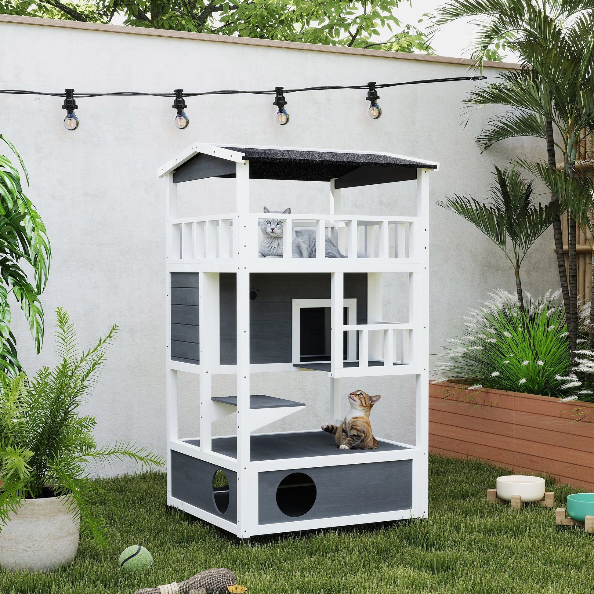 KFX-9945277 Outdoor Cat House with 3-Tier Design and Removable Cat Litter Box Space