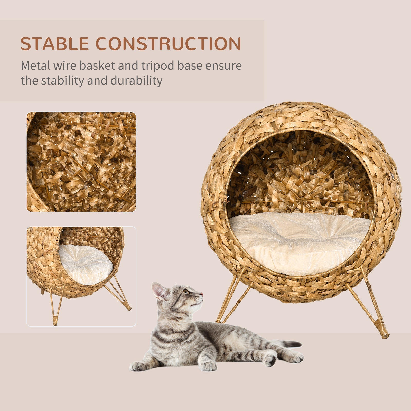 KFX-9949629 Elevated 20.5" Hand-woven Banana Leaf Cat Bed with Cushion, Natural Rattan Wicker Design