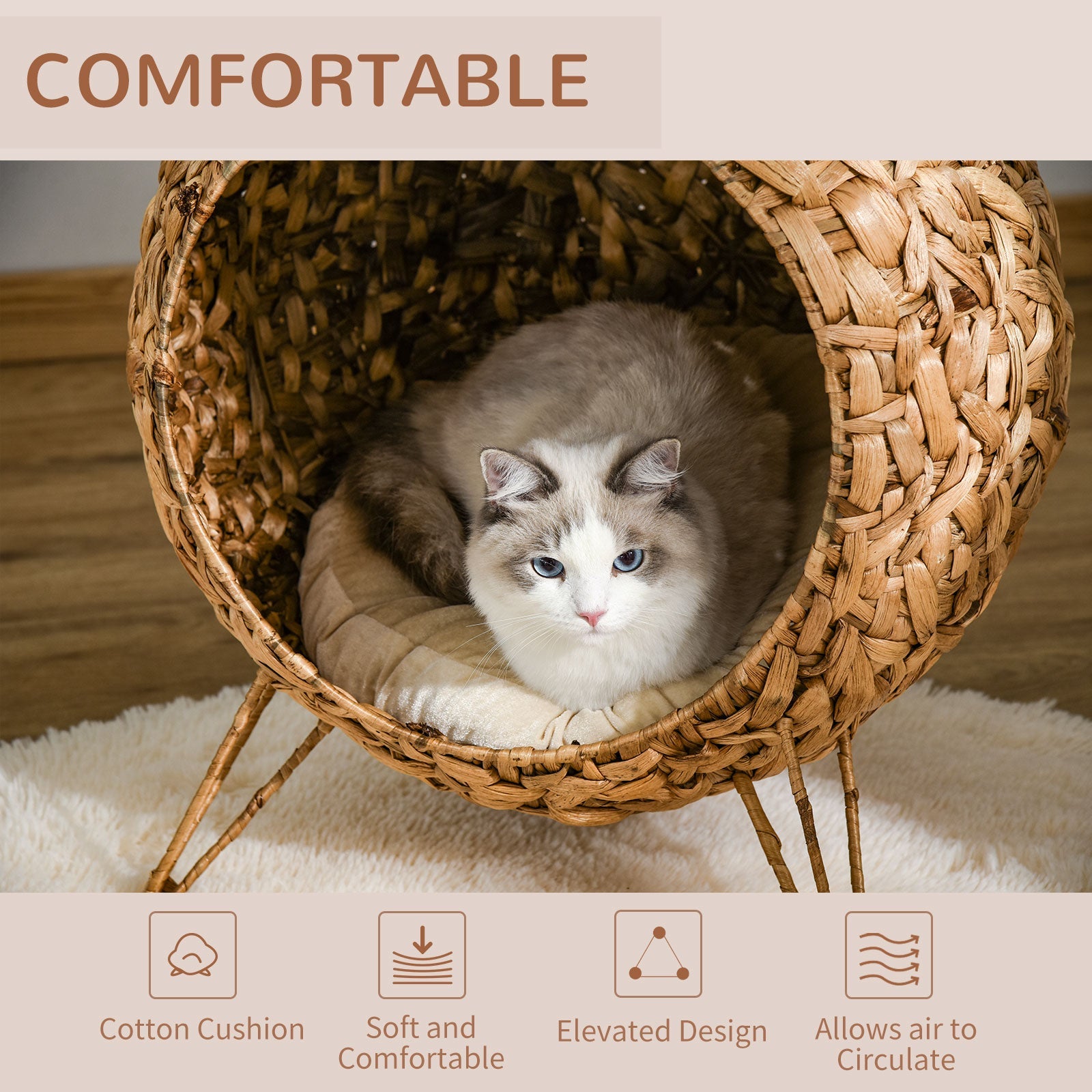KFX-9949629 Elevated 20.5" Hand-woven Banana Leaf Cat Bed with Cushion, Natural Rattan Wicker Design
