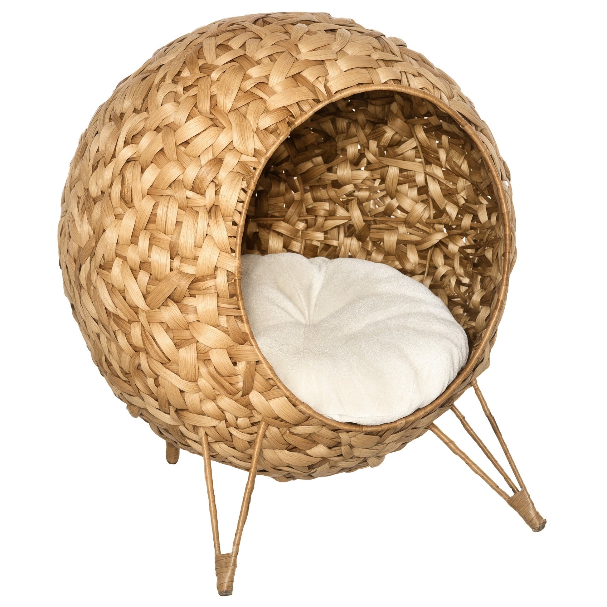 KFX-9949629 Elevated 20.5" Hand-woven Banana Leaf Cat Bed with Cushion, Natural Rattan Wicker Design