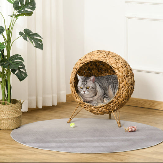 KFX-9949629 Elevated 20.5" Hand-woven Banana Leaf Cat Bed with Cushion, Natural Rattan Wicker Design