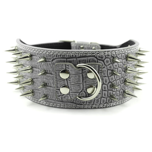 KFX-9952957 Crocodile Pattern PU Leather Adjustable Dog Collar with Nail Spikes, 7.5 cm Wide