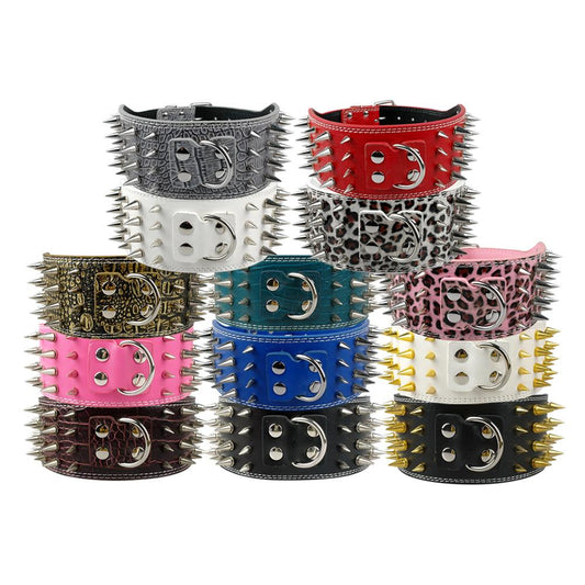 KFX-9952957 Crocodile Pattern PU Leather Adjustable Dog Collar with Nail Spikes, 7.5 cm Wide