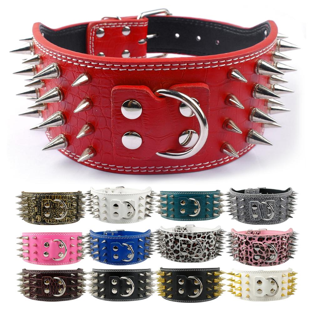 KFX-9952957 Crocodile Pattern PU Leather Adjustable Dog Collar with Nail Spikes, 7.5 cm Wide