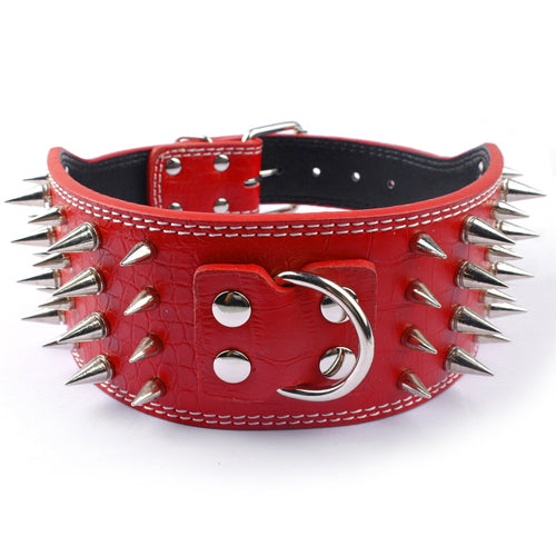 KFX-9952957 Crocodile Pattern PU Leather Adjustable Dog Collar with Nail Spikes, 7.5 cm Wide