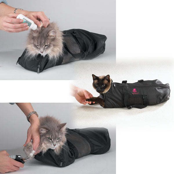 KFX-9953213 Adjustable Cat Grooming Bath Bag for Easy Pet Care - Black 46x24cm 420D PU Oxford Cloth