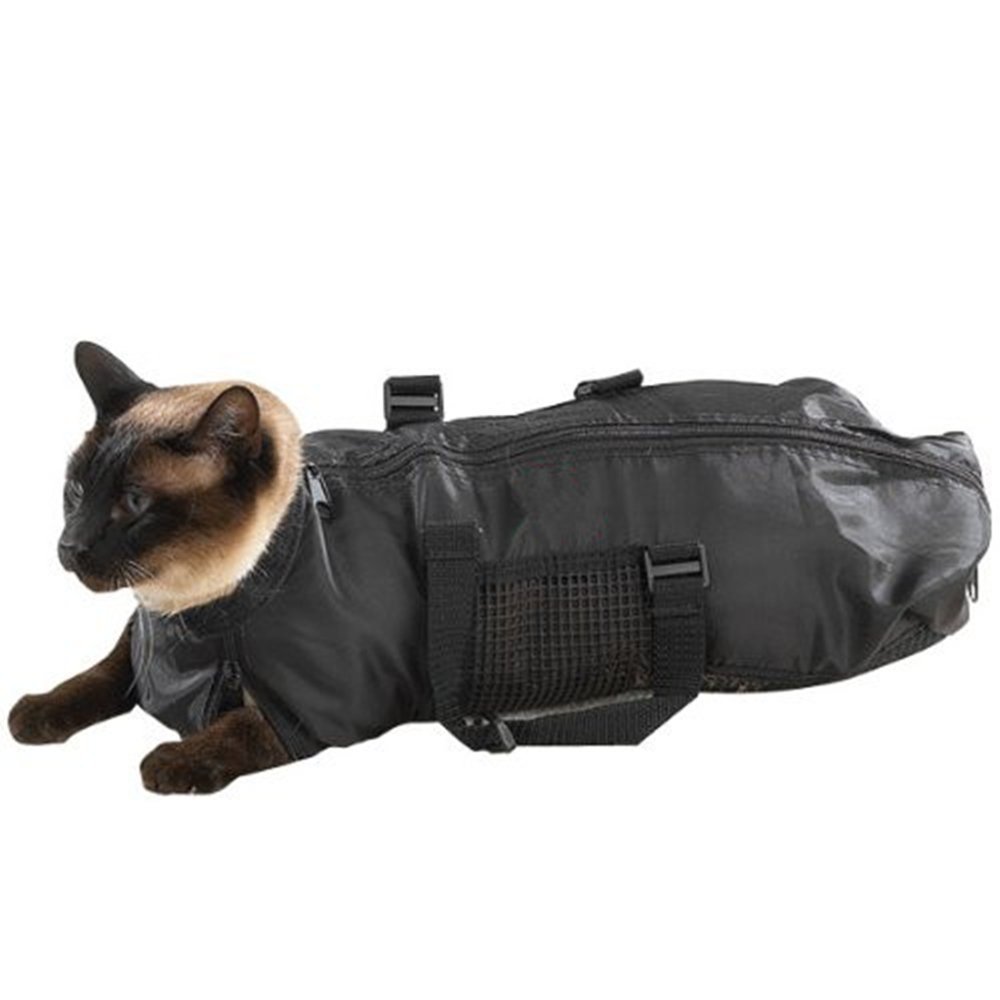 KFX-9953213 Adjustable Cat Grooming Bath Bag for Easy Pet Care - Black 46x24cm 420D PU Oxford Cloth
