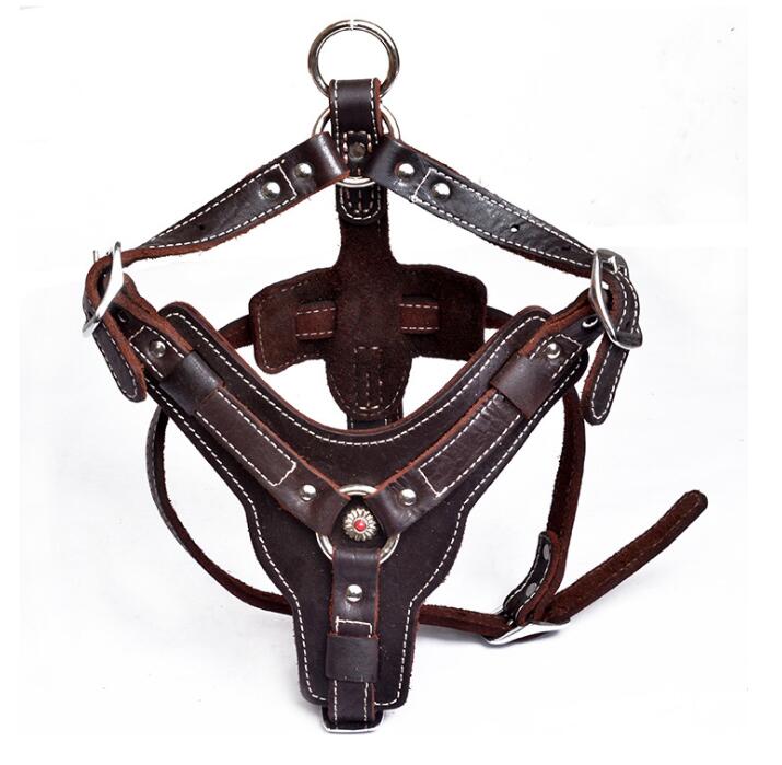 KFX-9956029 Genuine Oil Leather Dog Harness for Medium and Large Breeds, Adjustable Neck and Chest Measurements