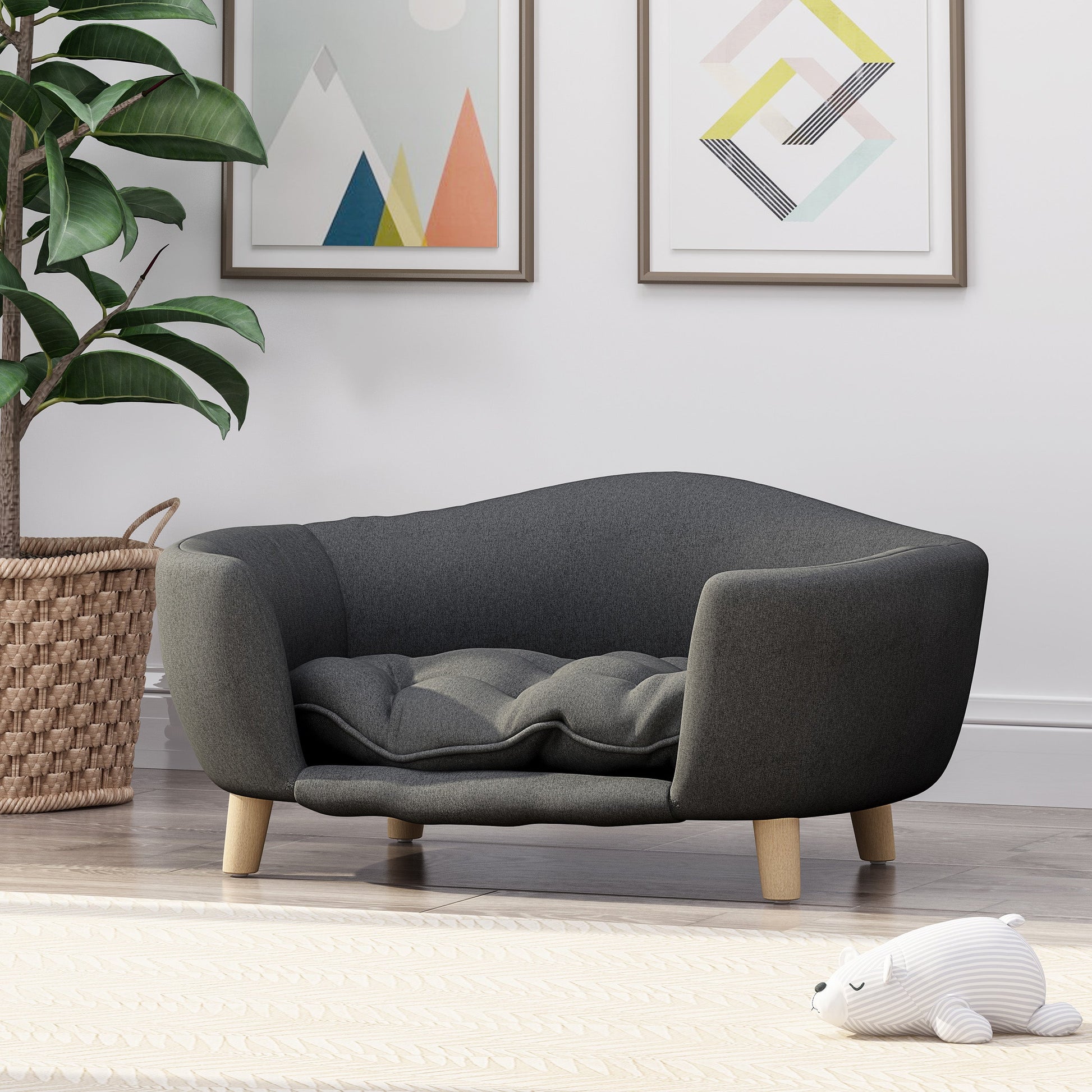 KFX-9956797 Cozy Dark Gray Dog Bed with Luxurious Tufted Cushions and Birch Legs - Ideal for Small Dogs