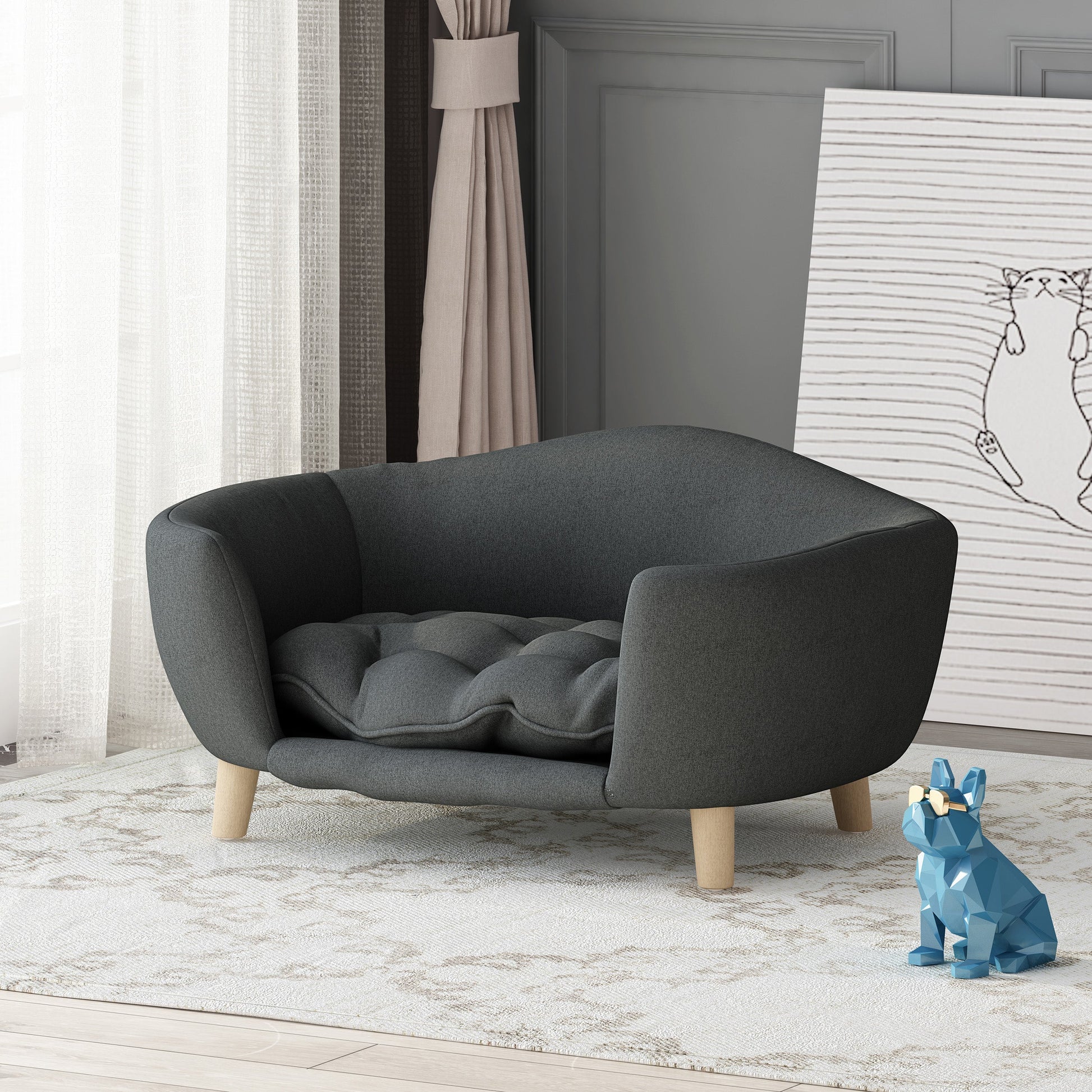 KFX-9956797 Cozy Dark Gray Dog Bed with Luxurious Tufted Cushions and Birch Legs - Ideal for Small Dogs