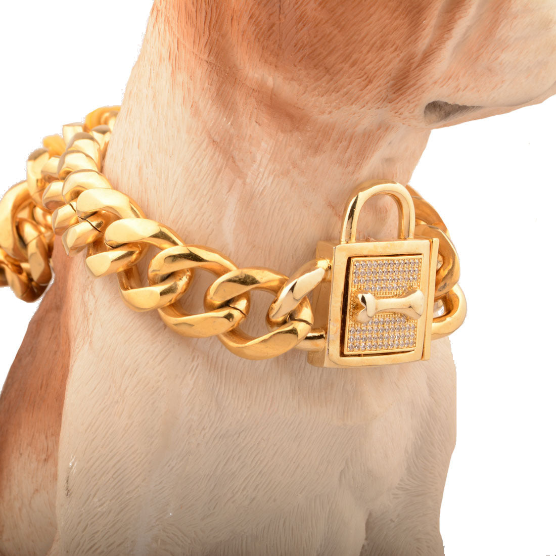 KFX-9958717 Golden Titanium Steel Dog Chain with Micro-Inlaid White Diamond Buttons - Various Lengths Available