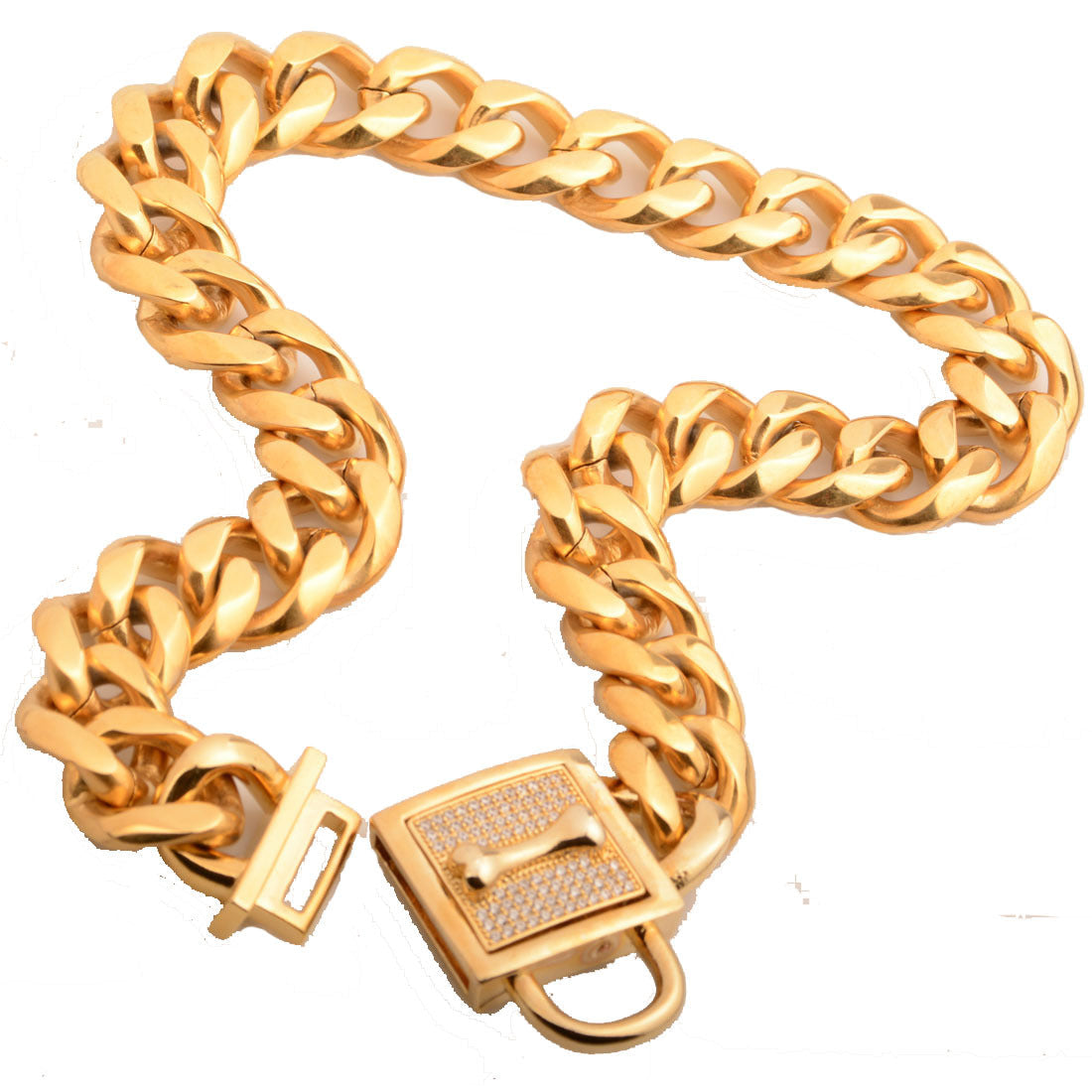 KFX-9958717 Golden Titanium Steel Dog Chain with Micro-Inlaid White Diamond Buttons - Various Lengths Available