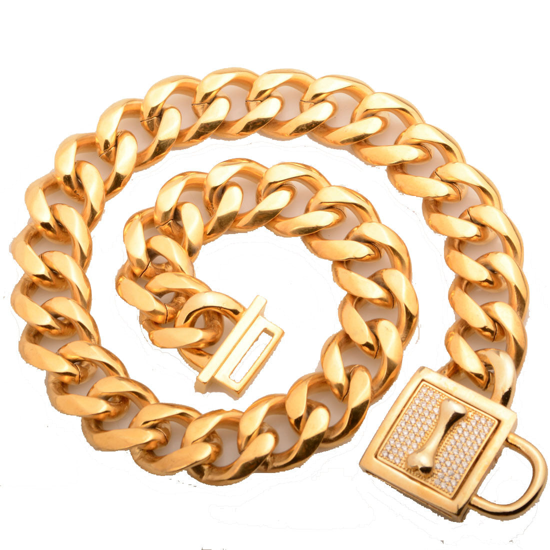 KFX-9958717 Golden Titanium Steel Dog Chain with Micro-Inlaid White Diamond Buttons - Various Lengths Available
