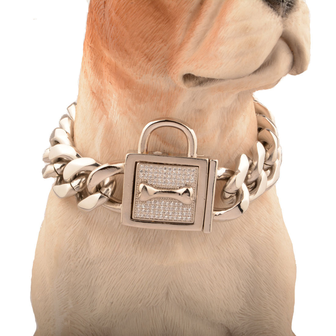 KFX-9958717 Golden Titanium Steel Dog Chain with Micro-Inlaid White Diamond Buttons - Various Lengths Available