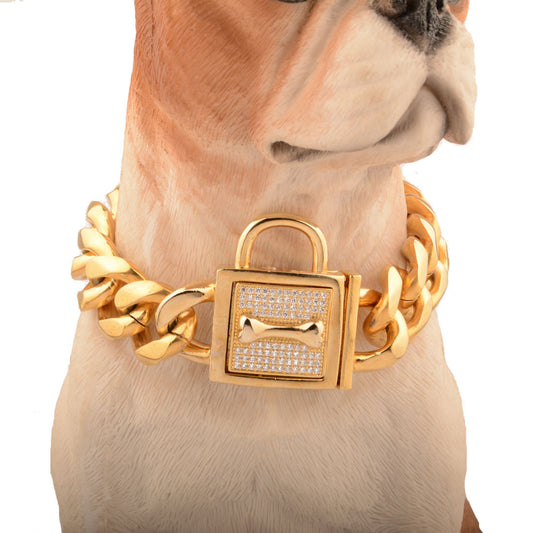 KFX-9958717 Golden Titanium Steel Dog Chain with Micro-Inlaid White Diamond Buttons - Various Lengths Available