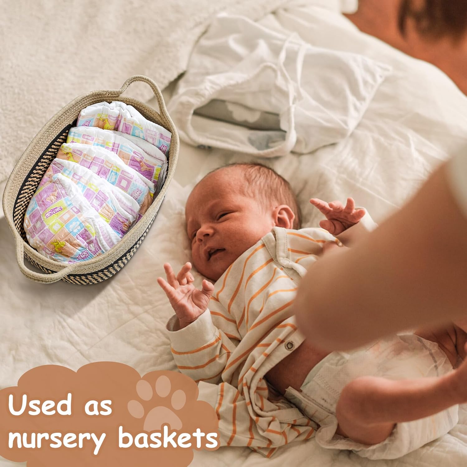 KFX-9963965 Handmade Cotton Woven Basket for Organizing Toys, Nursery, and Home Décor - Light Beige