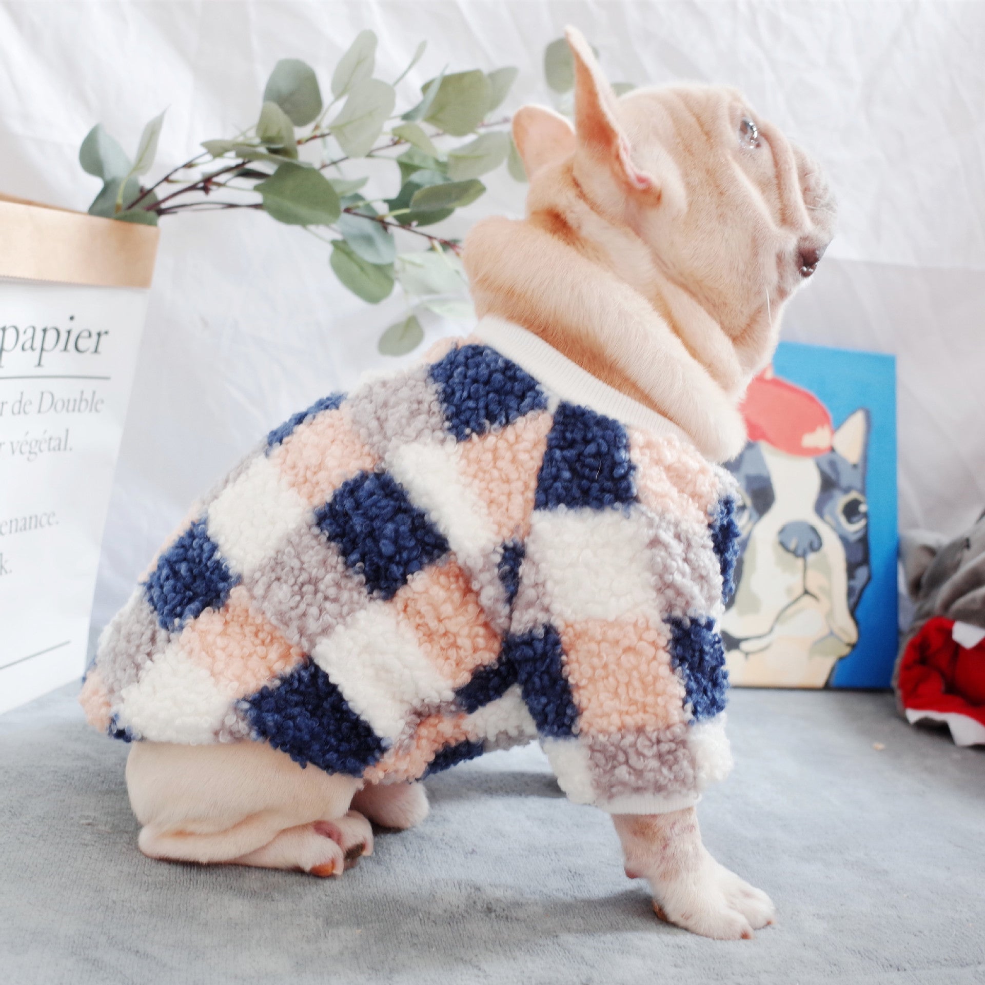 KFX-9964861 Warm Teddy Velvet Plaid Dog Clothes in Blue and Orange for Schnauzers - Sizes S to XL
