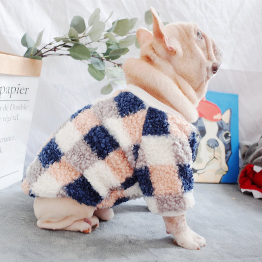 KFX-9964861 Warm Teddy Velvet Plaid Dog Clothes in Blue and Orange for Schnauzers - Sizes S to XL