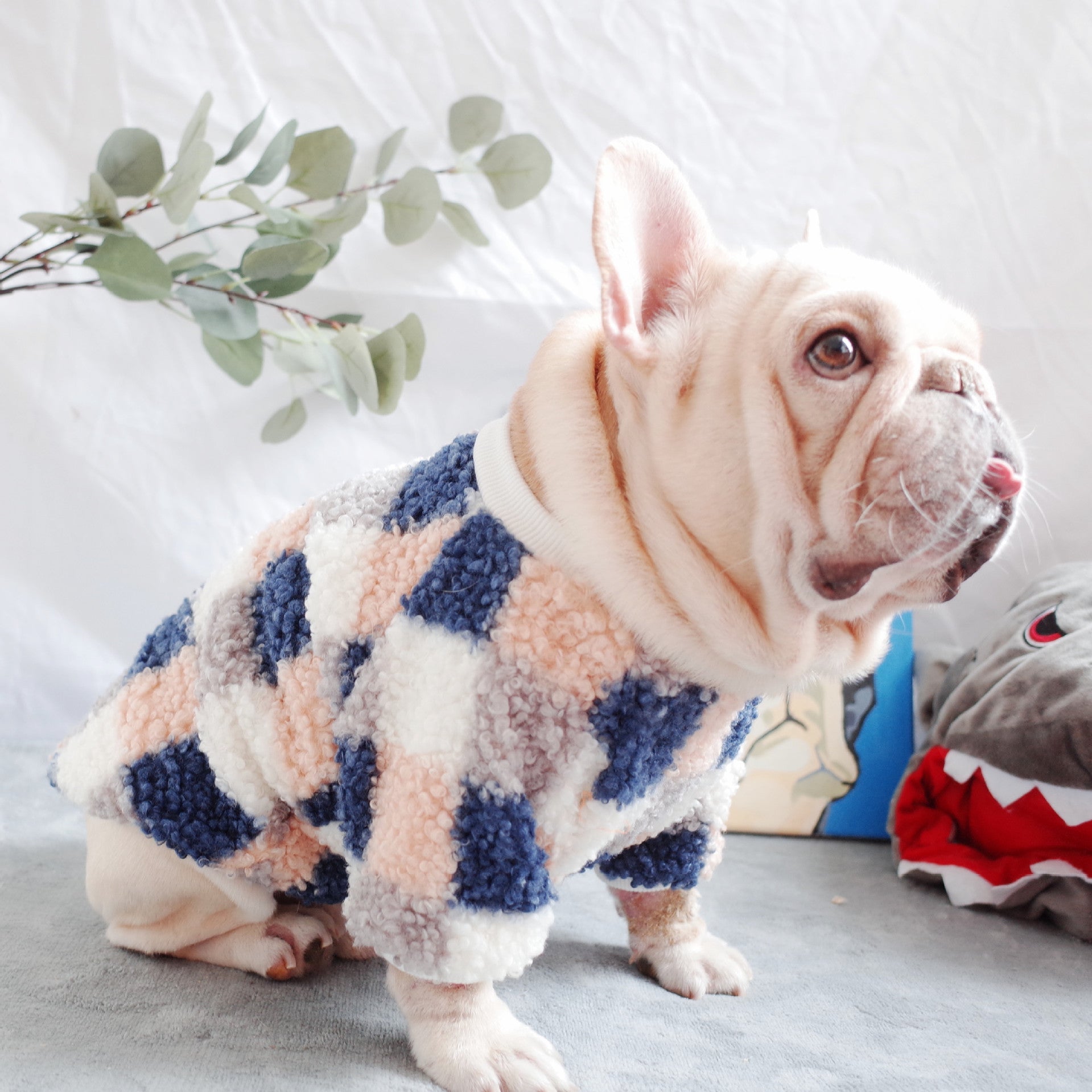 KFX-9964861 Warm Teddy Velvet Plaid Dog Clothes in Blue and Orange for Schnauzers - Sizes S to XL