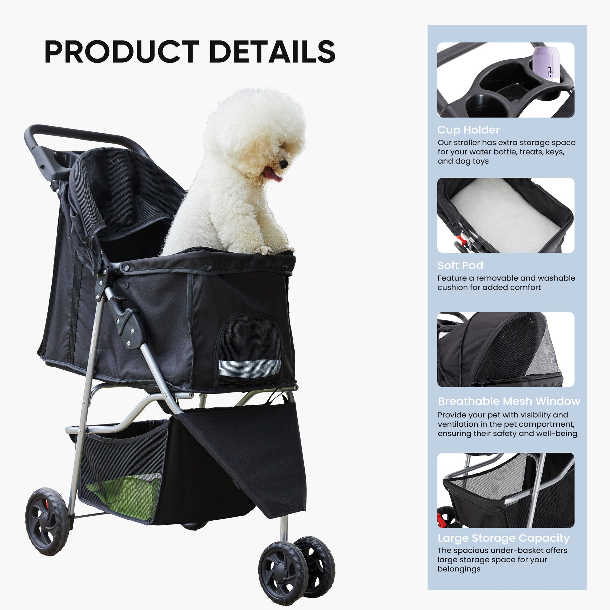 KFX-9967933 Pet Stroller for Small to Medium Pets with Mesh Panels and Adjustable Handle