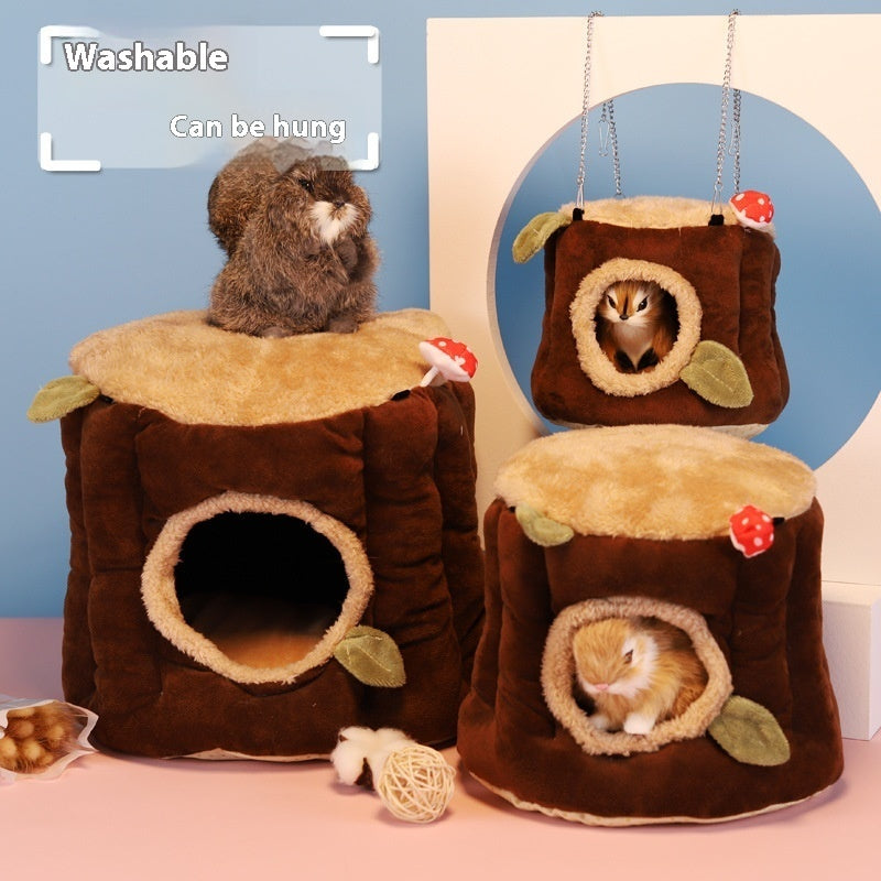 KFX-9987773 Washable Hanging Winter Stump Nest for Pets – Soft Brown Fabric Option