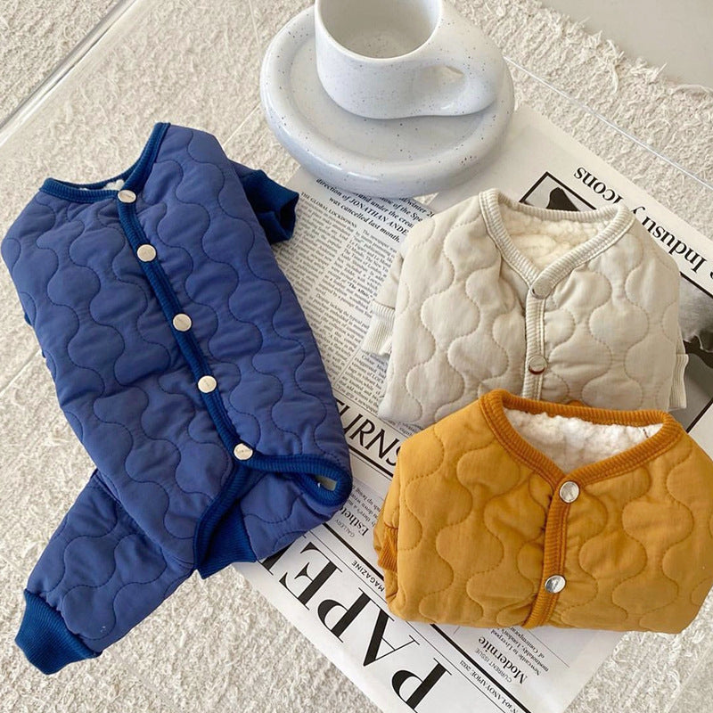 KFX-9993917 Thickened Cotton-Padded Pet Clothing in Blue, Yellow, and Beige - Size XS to XL