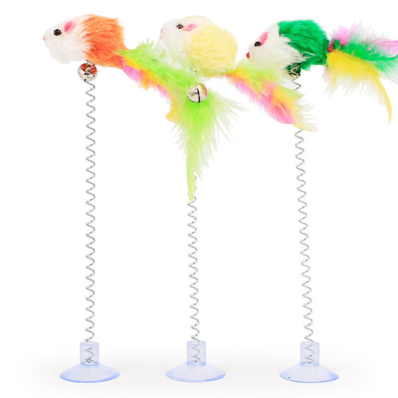 Pet cat plush mouse stick with suction cup spring