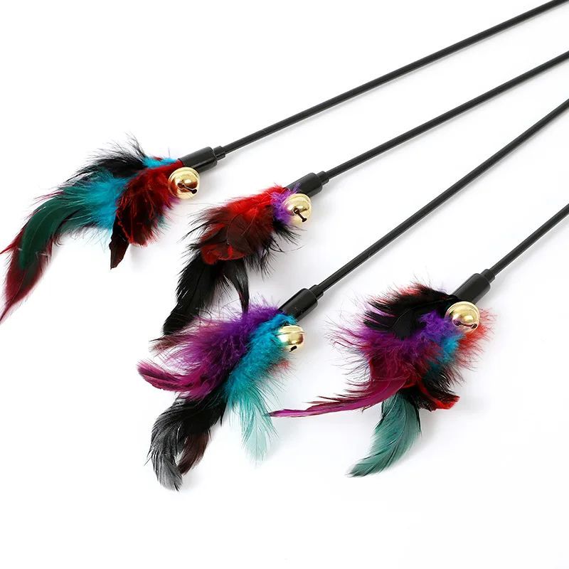Rainbow Color Feather Toys Funny Cat Stick Plush Feathers With Bells Teaser Stick Interactive Pet Cat Playing Training Toy