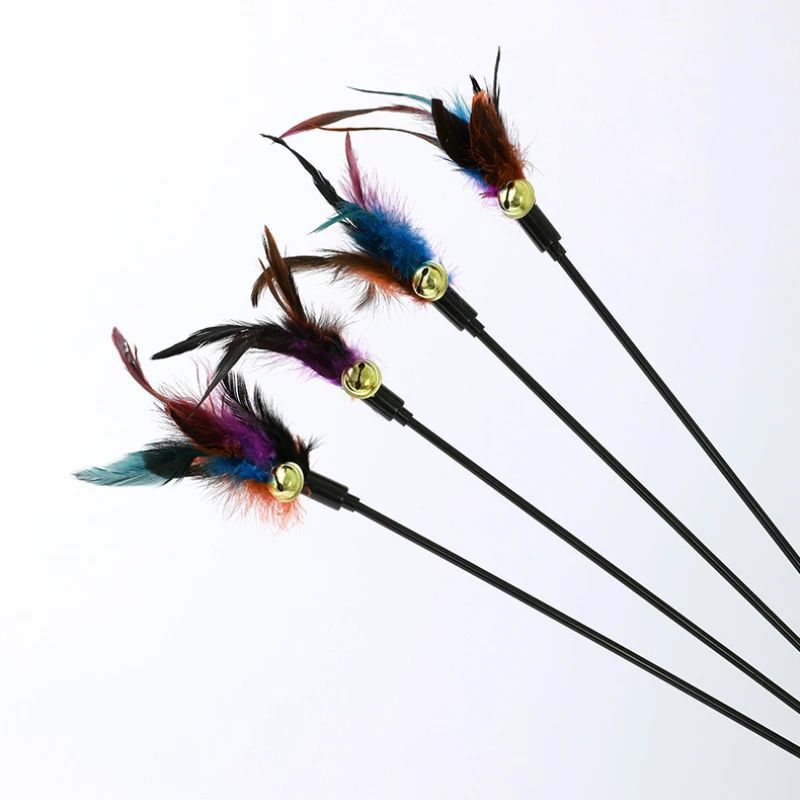 Rainbow Color Feather Toys Funny Cat Stick Plush Feathers With Bells Teaser Stick Interactive Pet Cat Playing Training Toy
