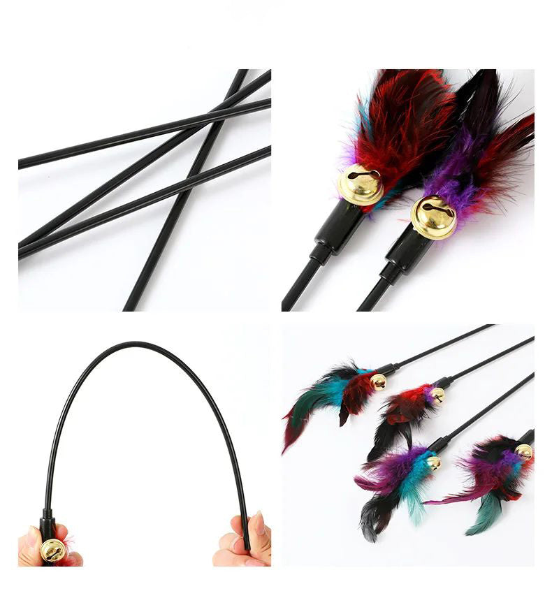 Rainbow Color Feather Toys Funny Cat Stick Plush Feathers With Bells Teaser Stick Interactive Pet Cat Playing Training Toy