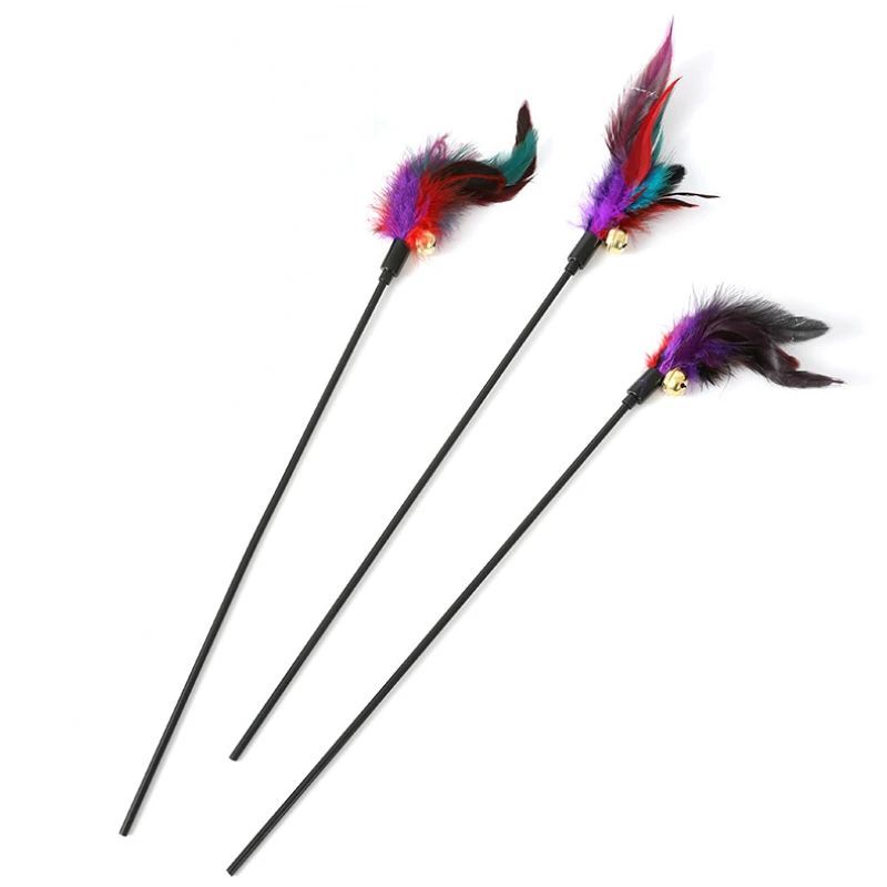 Rainbow Color Feather Toys Funny Cat Stick Plush Feathers With Bells Teaser Stick Interactive Pet Cat Playing Training Toy