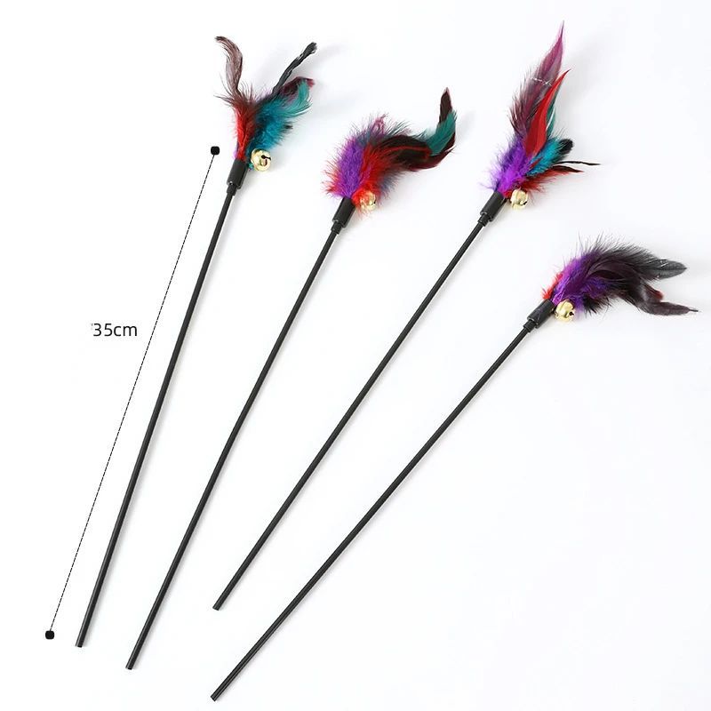 Rainbow Color Feather Toys Funny Cat Stick Plush Feathers With Bells Teaser Stick Interactive Pet Cat Playing Training Toy