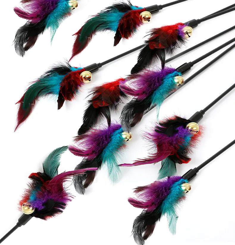 Rainbow Color Feather Toys Funny Cat Stick Plush Feathers With Bells Teaser Stick Interactive Pet Cat Playing Training Toy
