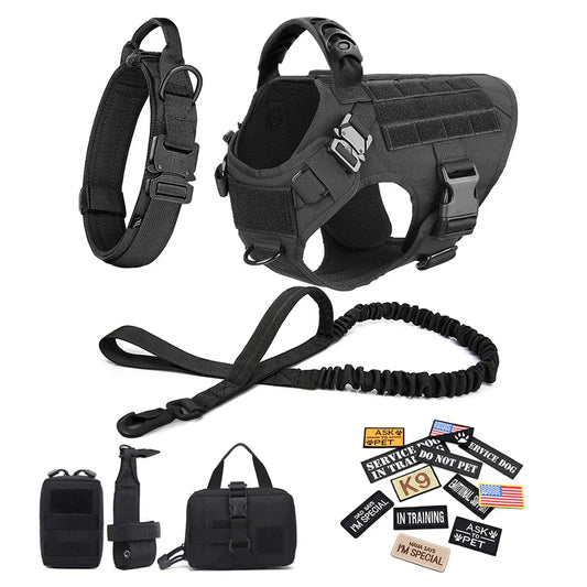 Military Large Dog Harness Collar Leash Bags Patches Set Pet Malinois Training Vests Tactical Dogs Harnesses Accessories